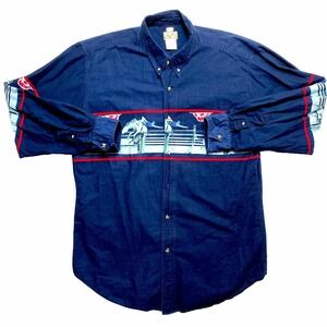 VINTAGE Express Rider Shirt Mens XL Navy Long Sleeve Graphic Cowboy Button Up
